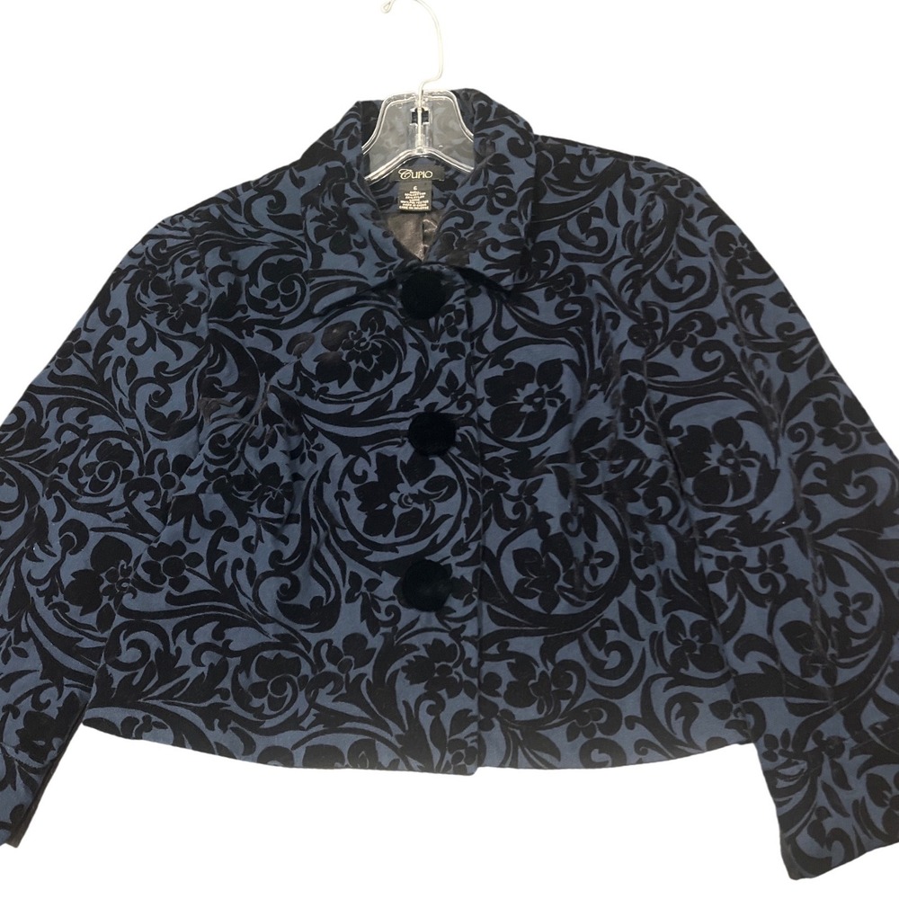Cupio Navy‎ Blue Black Velvet Paisley Cropped Boxy Fit Jacket Size 6